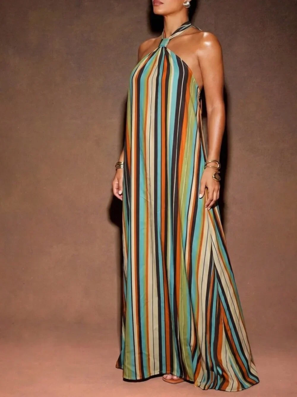 Multicolor Striped Halter Maxi Dress with Twisted Neck Detail